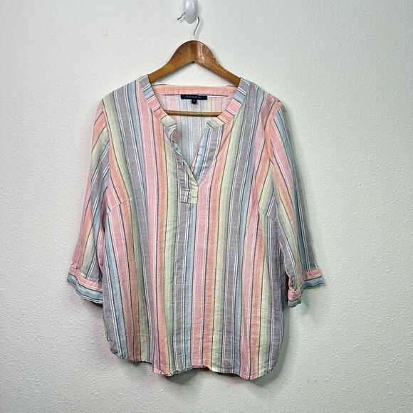 Tahari Multicolor Stripe Split Neck 3/4 Sleeve Linen Rayon Blouse Women's Sz 1X - Picture 1 of 14
